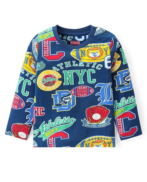 Babyhug Cotton Knit Full Sleeves Night Suit With Varsity Print - Navy