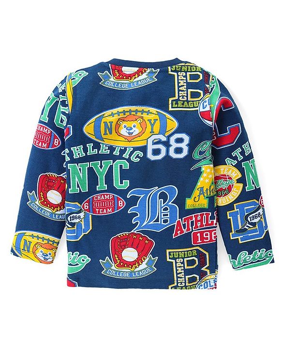Babyhug Cotton Knit Full Sleeves Night Suit With Varsity Print - Navy