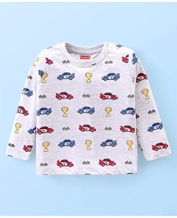 Babyhug Cotton Knit Full Sleeves T-Shirt With Car & Trophy Graphics - Grey