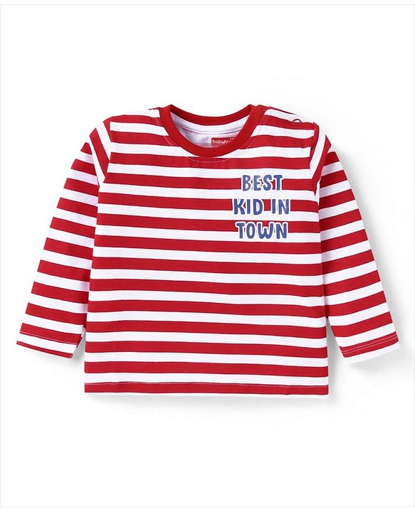 Babyhug Cotton Knit Full Sleeves Striped T-Shirt with Text Print - Red & White