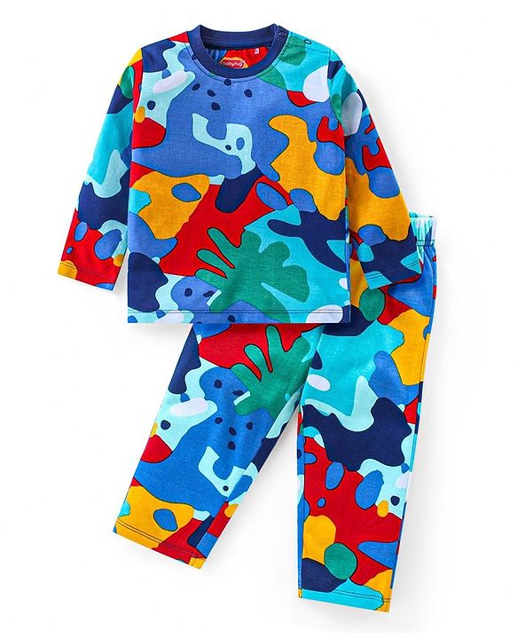 Babyhug Cotton Knit Full Sleeves Night Suit Abstract Print- Multicolour