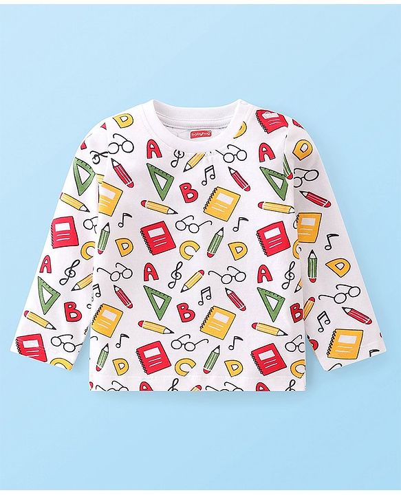 Babyhug Cotton Knit  Full Sleeves T-Shirt with Geometric Graphics - White