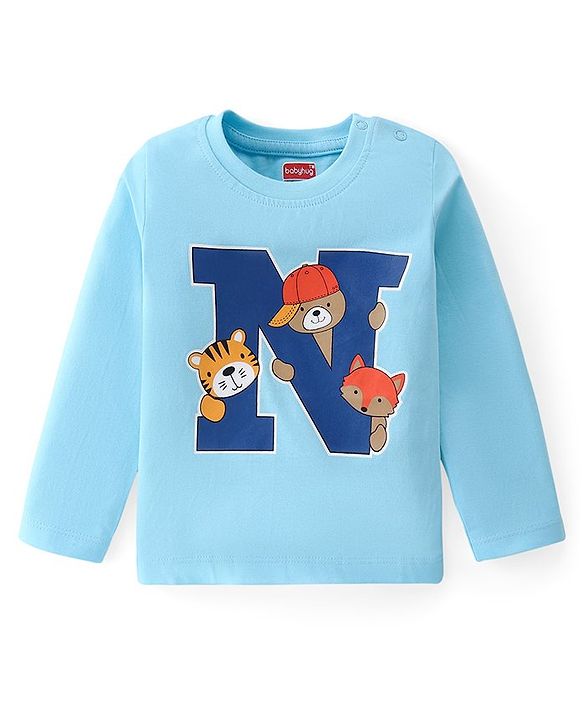 Babyhug Cotton Knit Full Sleeves T-Shirt with Animal & Text  Print - Blue