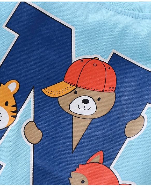 Babyhug Cotton Knit Full Sleeves T-Shirt with Animal & Text  Print - Blue