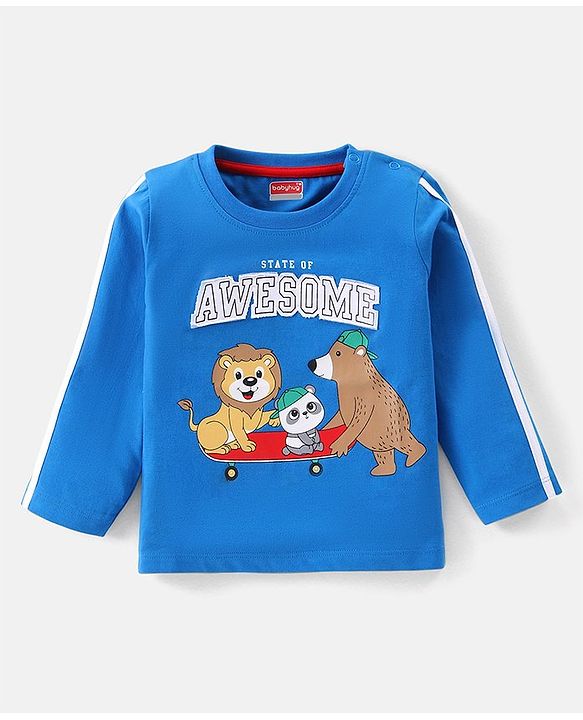 Babyhug Cotton Knit Full Sleeves Animal & Text Printed T-Shirt - Blue
