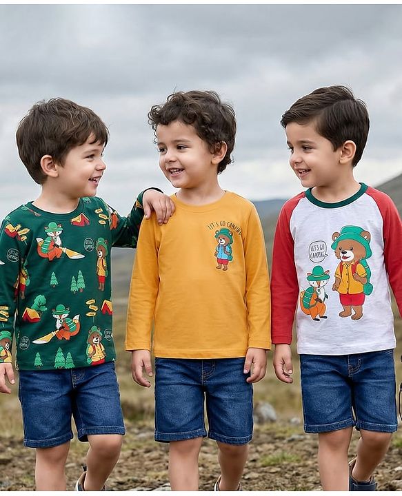 Babyhug Cotton Knit Raglan Sleeves T-Shirts With Animal Print Pack of 3 - Grey Orange & Green