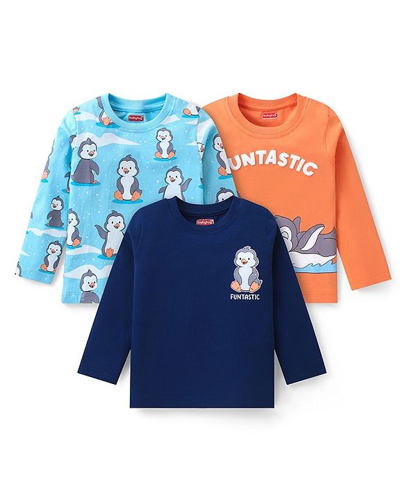 Babyhug Cotton Knit Full Sleeves T-Shirts With Penguins Print Pack Of 3 - Navy Orange & Sky Blue