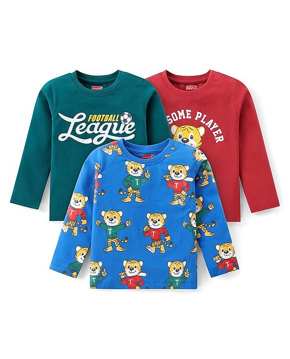 Babyhug Cotton Knit Full Sleeves T-Shirts With Tiger & Text Graphics Pack of 3 - Green Blue & Red