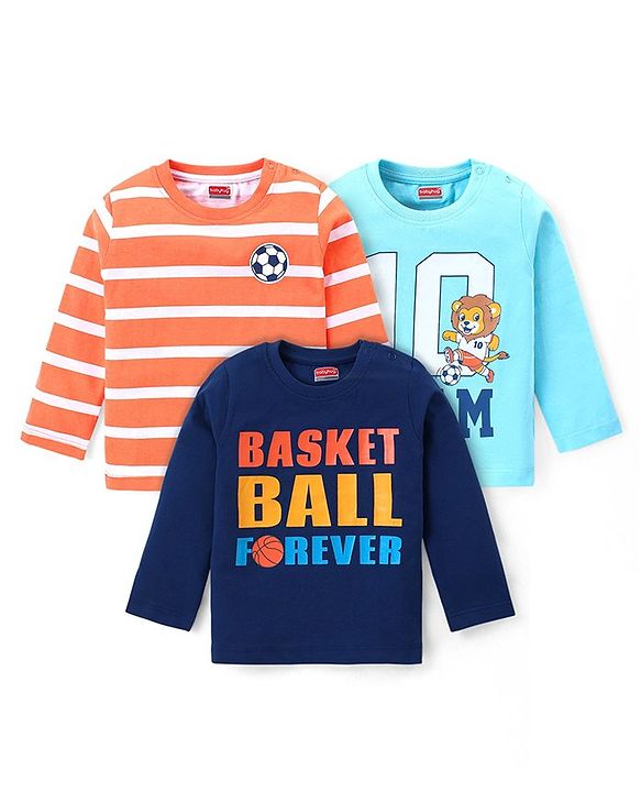 Babyhug Cotton Knit Full Sleeves Striped T-Shirts with Text Print Pack of 3 - Blue & Orange