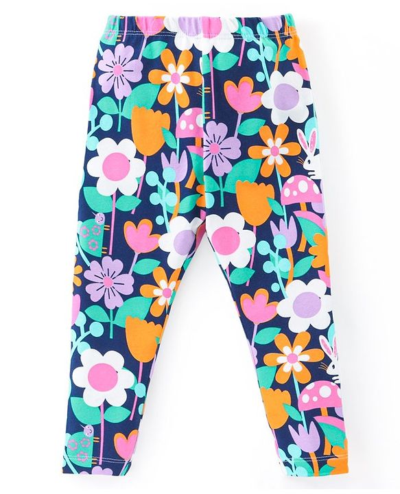 Babyhug Cotton Lycra Knit Full Length Stretchable Leggings with Floral Print - Multicolour