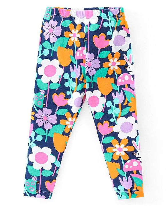 Babyhug Cotton Lycra Knit Full Length Stretchable Leggings with Floral Print - Multicolour