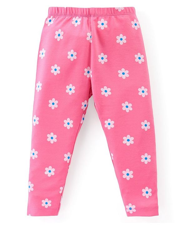 Babyhug Cotton Lycra Knit Full Length Stretchable Leggings with Floral Print Pack of 3 - Multicolour