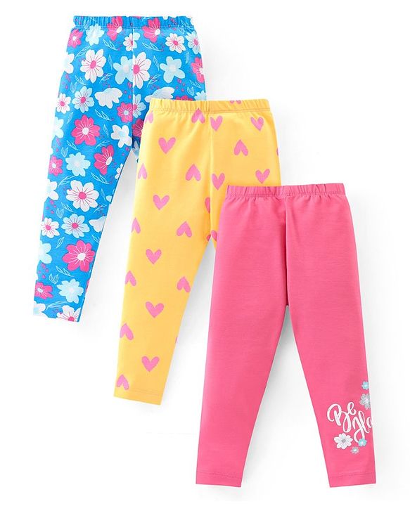 Babyhug Cotton Lycra Knit Full Length Stretchable Leggings with Floral & Heart Print Pack of 3 - Multicolour
