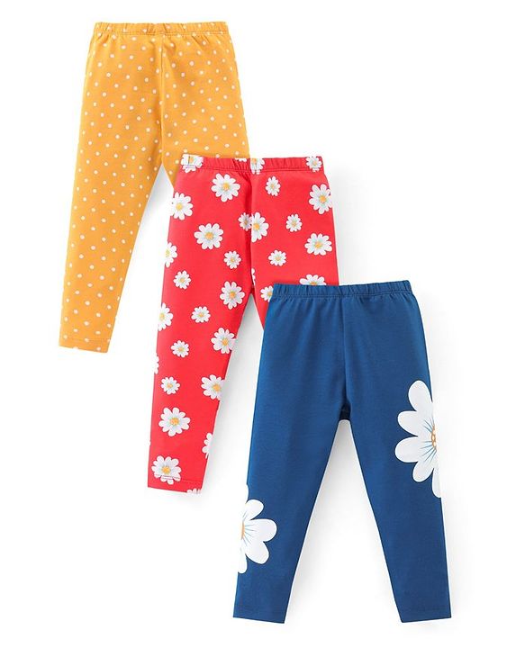 Babyhug Cotton Lycra Knit Full Length Stretchable Leggings with Floral & Polka Dots Print Pack of 3 - Multicolour