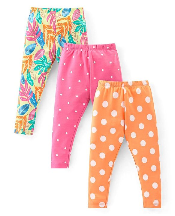 Babyhug Cotton Lycra Knit Full Length Stretchable  Leggings with Floral & Polka Dots Print Pack of 3 - Multicolour