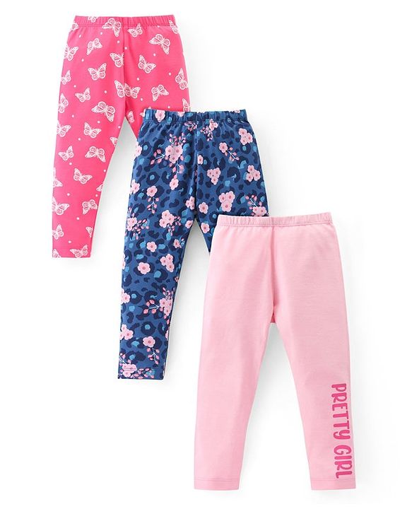 Babyhug Cotton Lycra Knit Full Length Stretchable Leggings with Floral & Butterfly Print Pack of 3 - Multicolour