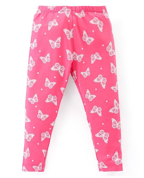 Babyhug Cotton Lycra Knit Full Length Stretchable Leggings with Floral & Butterfly Print Pack of 3 - Multicolour