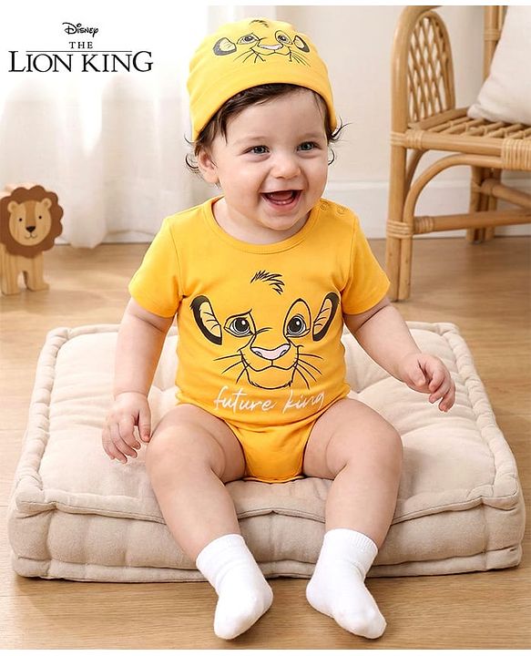 Babyhug Disney Interlock Cotton Knit Half Sleeves Onesie with Lion King Graphic & Cap - Yellow