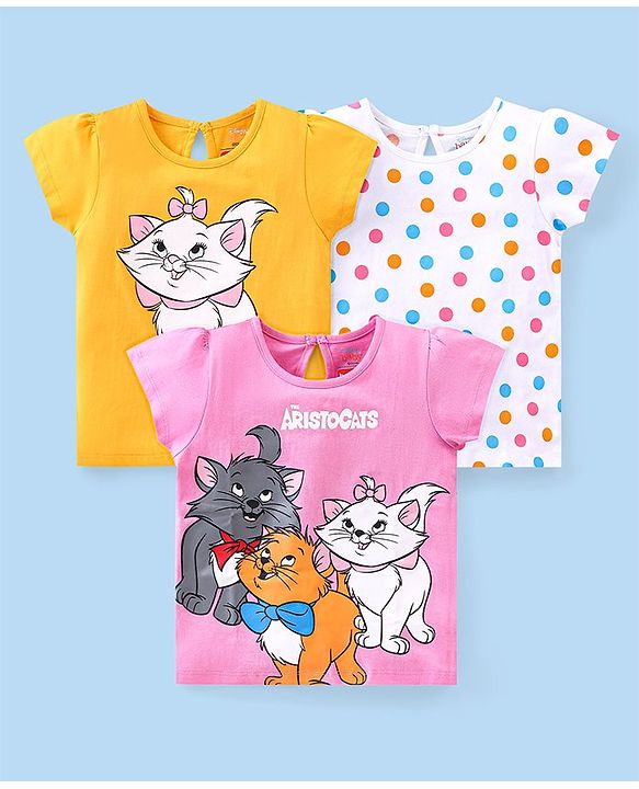 Babyhug Disney Cotton Knit Half Sleeves Tops with Aristocats Marie Graphics Pack Of 3 - Multicolour