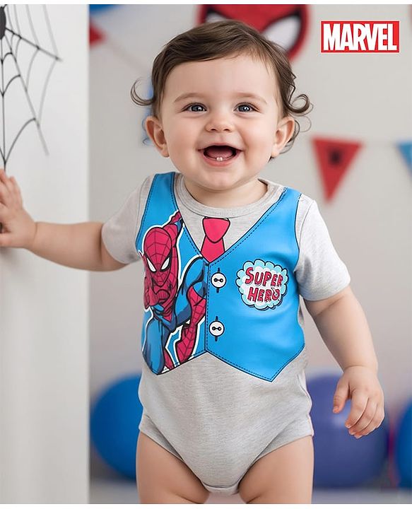 Babyhug Marvel Interlock Knit Half Sleeves Onesie With Spider Man Print - Grey