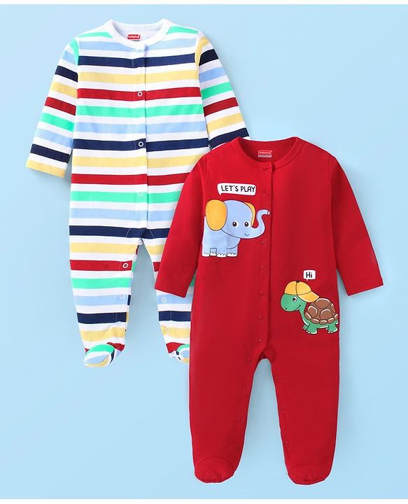 Babyhug Cotton Knit Full Sleeves Sleep Suits With Stripes Design & Animals Print Pack Of 2 - White & Red