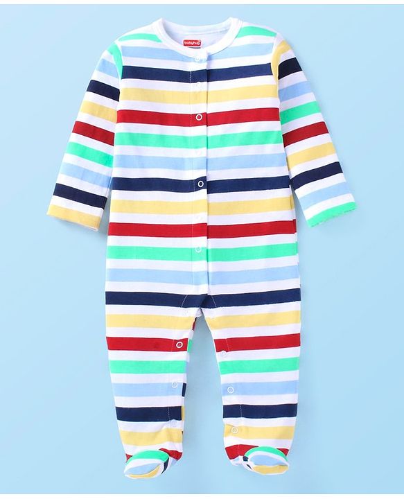 Babyhug Cotton Knit Full Sleeves Sleep Suits With Stripes Design & Animals Print Pack Of 2 - White & Red