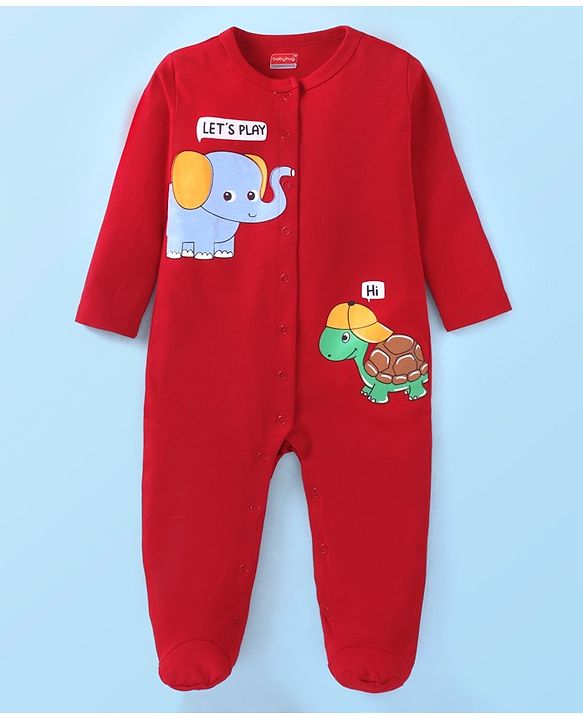 Babyhug Cotton Knit Full Sleeves Sleep Suits With Stripes Design & Animals Print Pack Of 2 - White & Red
