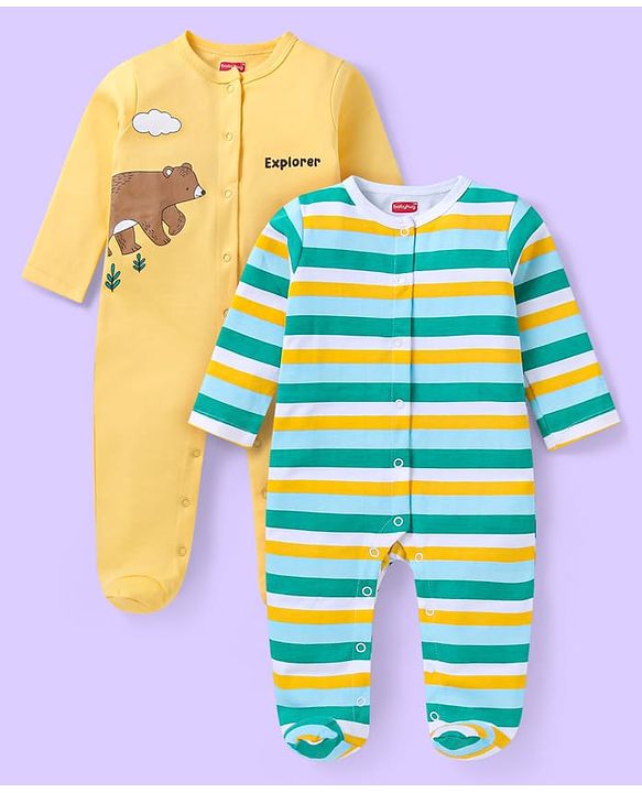 Babyhug Cotton Knit Full Sleeves Striped & Bear Printed Sleep Suits Pack of 2 - Yellow & Green