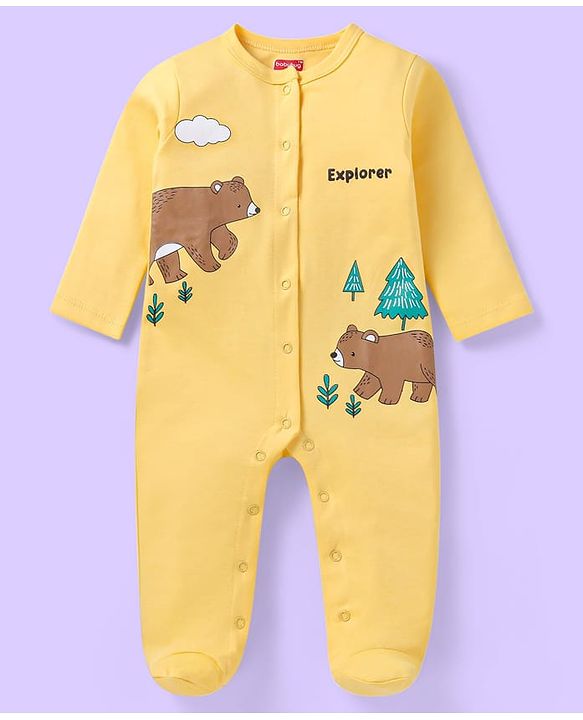 Babyhug Cotton Knit Full Sleeves Striped & Bear Printed Sleep Suits Pack of 2 - Yellow & Green