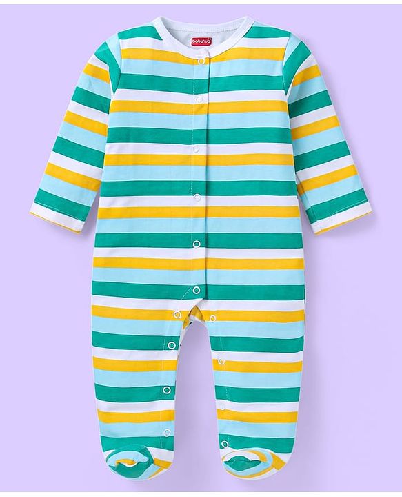 Babyhug Cotton Knit Full Sleeves Striped & Bear Printed Sleep Suits Pack of 2 - Yellow & Green
