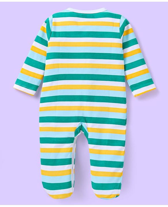 Babyhug Cotton Knit Full Sleeves Striped & Bear Printed Sleep Suits Pack of 2 - Yellow & Green