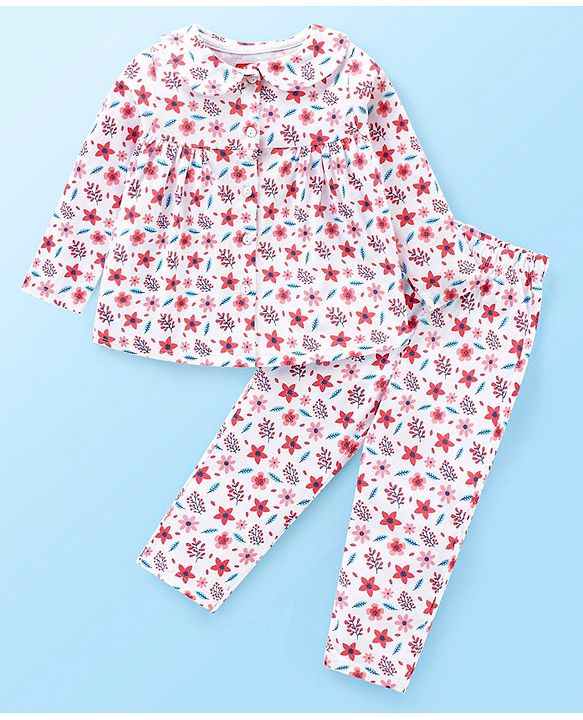 Babyhug Cotton Knit Full Sleeves Peter Pan Collared Night Suit With Floral Print - Multicolor