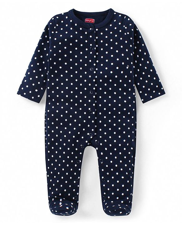 Babyhug Cotton Knit Full Sleeves Sleep Suit With Polka Dots Print - Navy