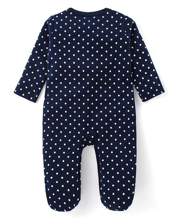 Babyhug Cotton Knit Full Sleeves Sleep Suit With Polka Dots Print - Navy