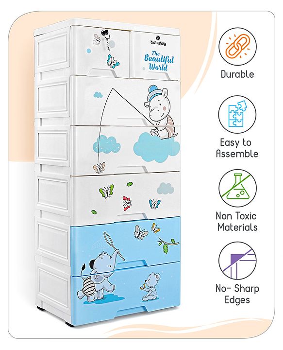 Babyhug 6 Layers High Density Plastic Storage Cabinet Teddy Print With Wheels - White