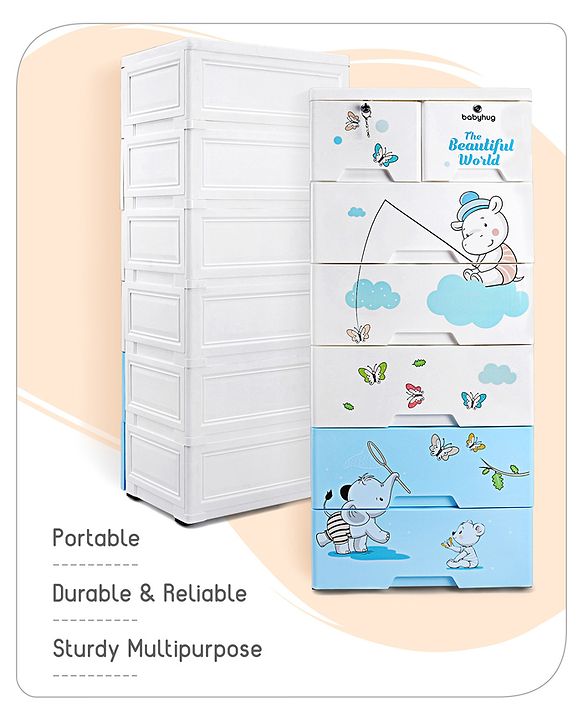 Babyhug 6 Layers High Density Plastic Storage Cabinet Teddy Print With Wheels - White