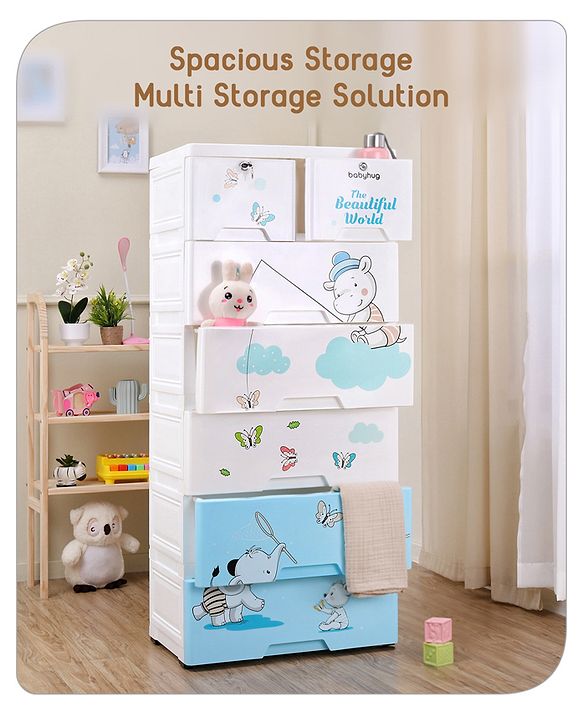 Babyhug 6 Layers High Density Plastic Storage Cabinet Teddy Print With Wheels - White