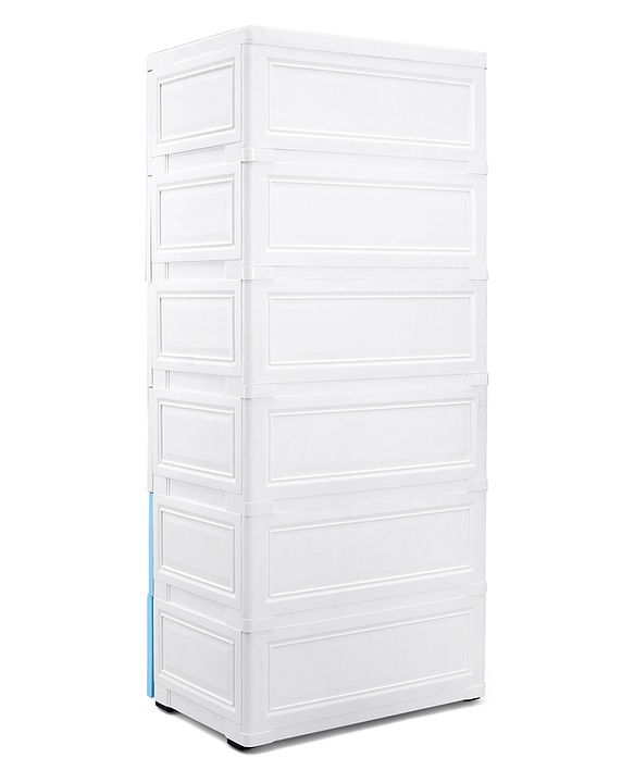 Babyhug 6 Layers High Density Plastic Storage Cabinet Teddy Print With Wheels - White