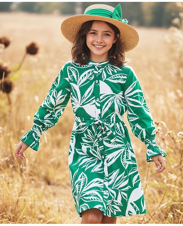 Pine Kids Viscose Rayon Woven Full Sleeves Mandarin Collar Front Open Frock with Floral Print - Green