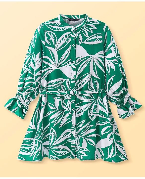 Pine Kids Viscose Rayon Woven Full Sleeves Mandarin Collar Front Open Frock with Floral Print - Green