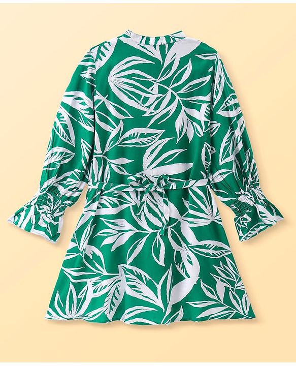 Pine Kids Viscose Rayon Woven Full Sleeves Mandarin Collar Front Open Frock with Floral Print - Green