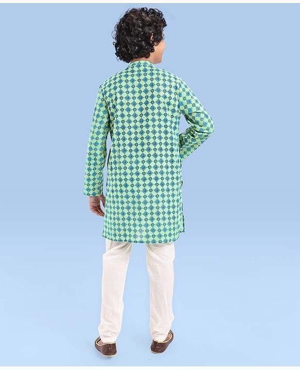 Pine Kids Cotton Woven Full Sleeves Kurta Pyjama Set With Floral Print - Teal Blue
