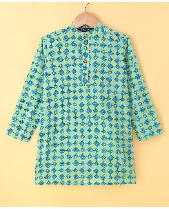 Pine Kids Cotton Woven Full Sleeves Kurta Pyjama Set With Floral Print - Teal Blue