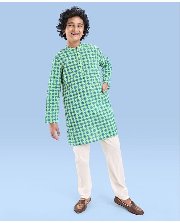 Pine Kids Cotton Woven Full Sleeves Kurta Pyjama Set With Floral Print - Teal Blue