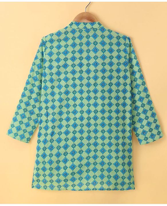Pine Kids Cotton Woven Full Sleeves Kurta Pyjama Set With Floral Print - Teal Blue