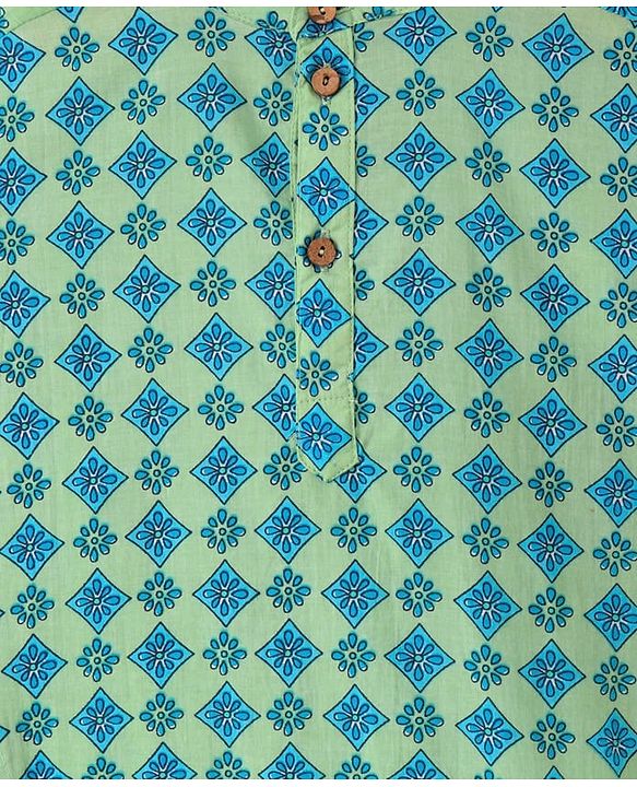 Pine Kids Cotton Woven Full Sleeves Kurta Pyjama Set With Floral Print - Teal Blue