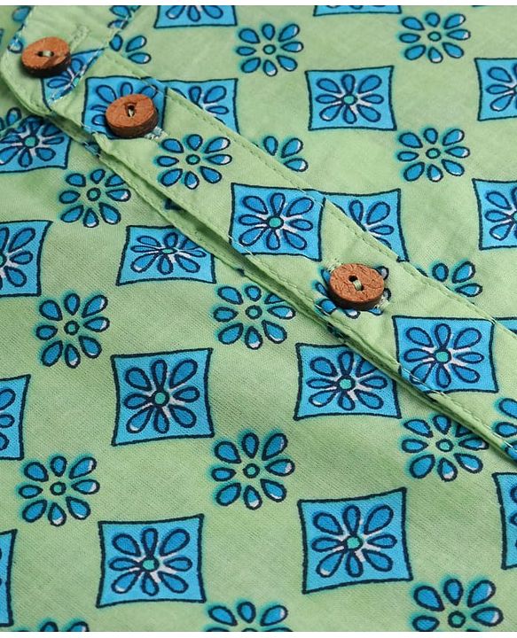 Pine Kids Cotton Woven Full Sleeves Kurta Pyjama Set With Floral Print - Teal Blue