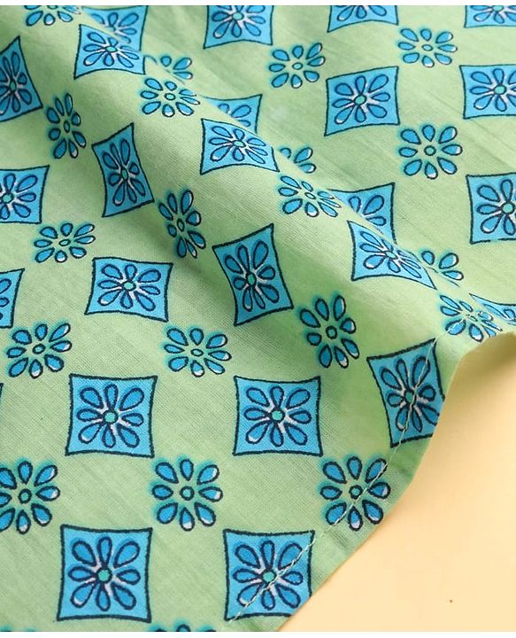 Pine Kids Cotton Woven Full Sleeves Kurta Pyjama Set With Floral Print - Teal Blue
