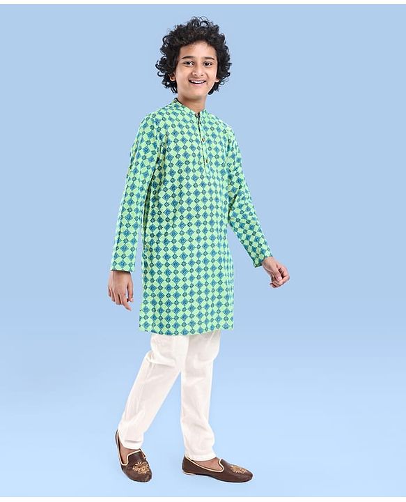 Pine Kids Cotton Woven Full Sleeves Kurta Pyjama Set With Floral Print - Teal Blue