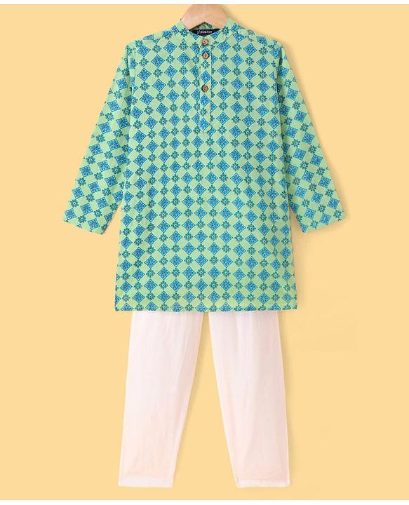 Pine Kids Cotton Woven Full Sleeves Kurta Pyjama Set With Floral Print - Teal Blue